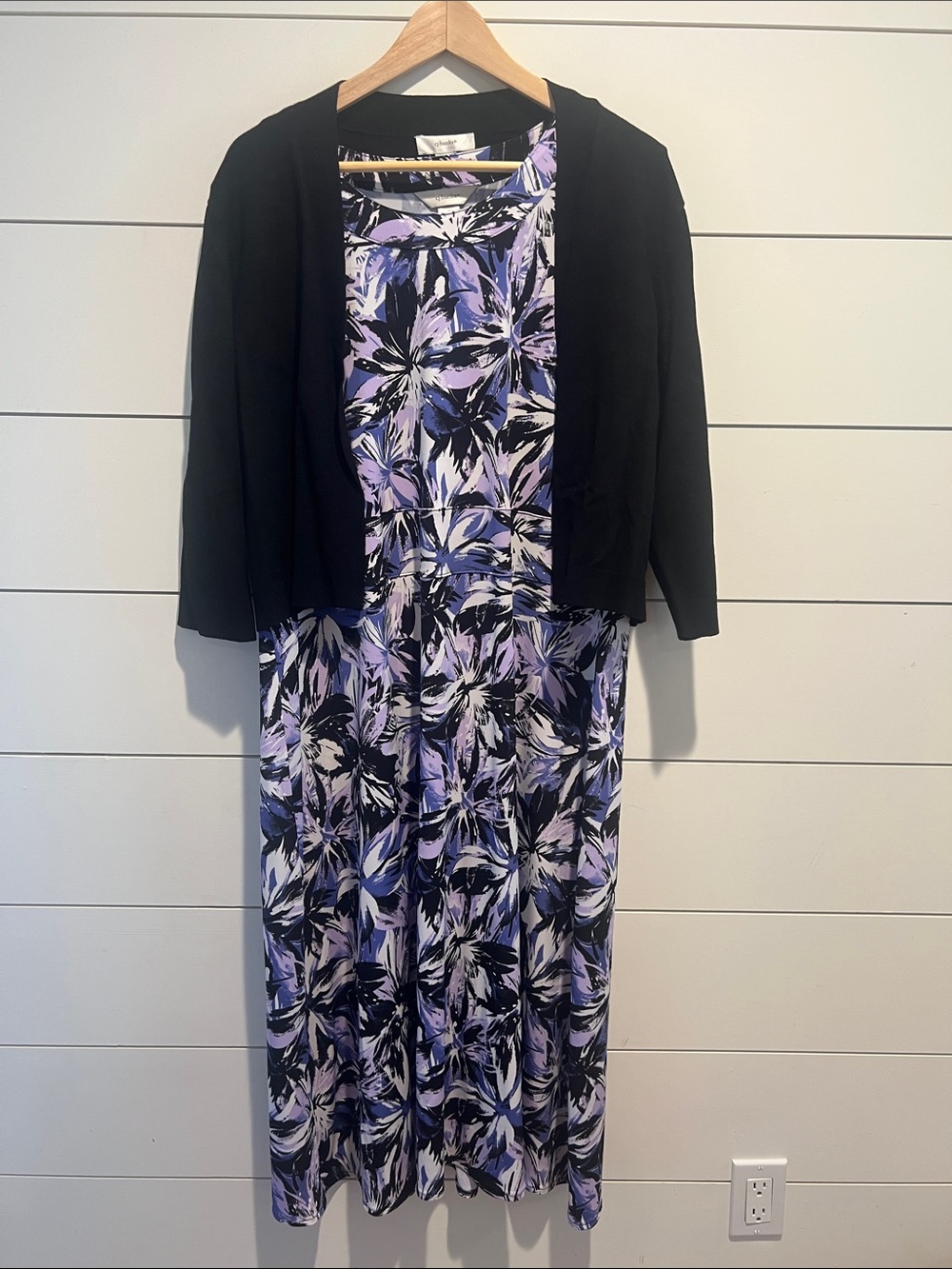 Floral Purple & Black Midi Dress with Black Cardigan P